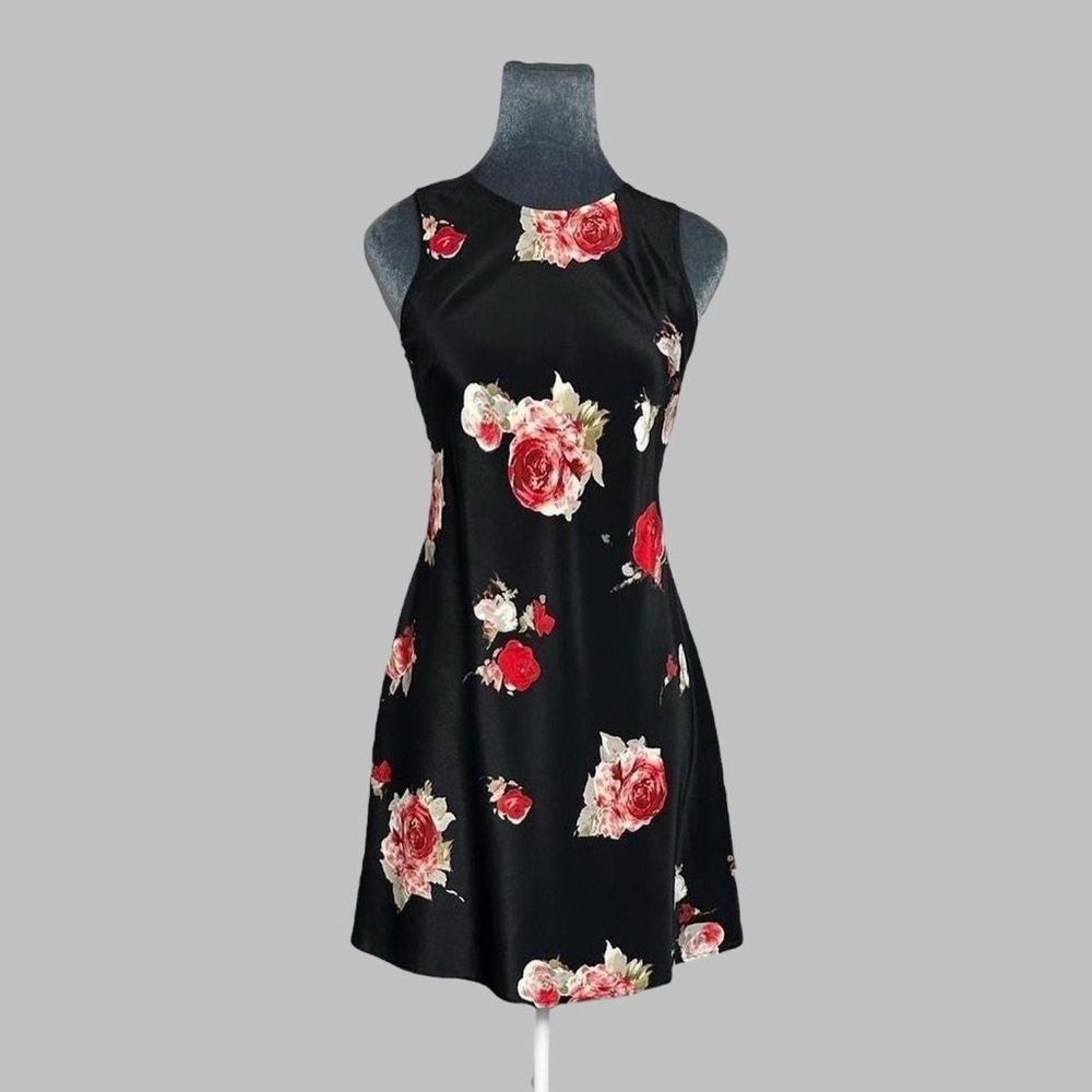 Vintage 90s My Michelle black floral rose sleeveless mini summer dress sz 3/4